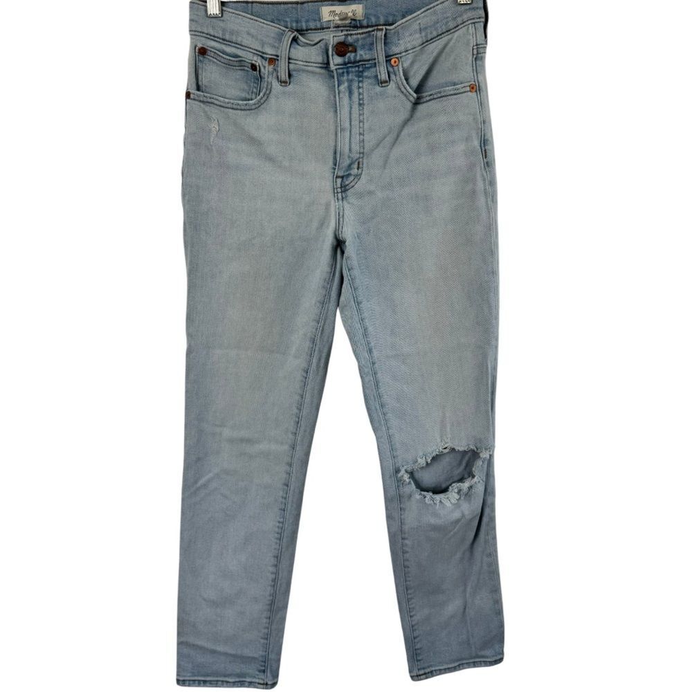 Madewell Mid Rise Classic Straight Jeans Womens 28T Light Wash Distressed Knee